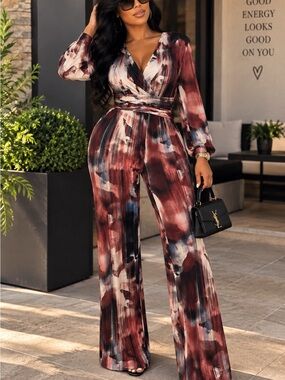 Tie-Dye Wrap Long-Sleeve Wide-Leg Jumpsuit - Burgundy Multi